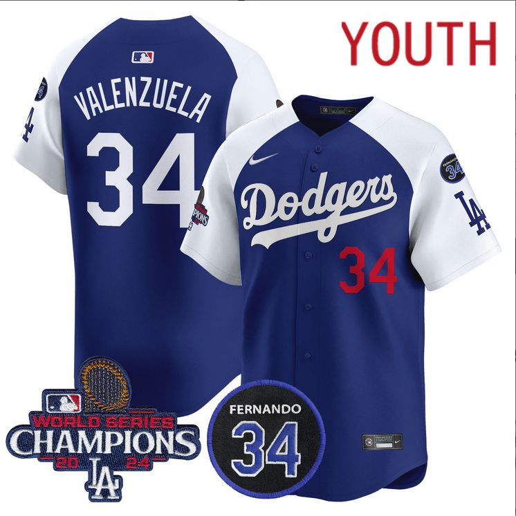 Youth MLB Los Angeles Dodgers 34 Valenzuela blue 2024 World Series Champions Patch Limited Jersey style 2